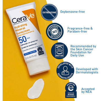 CeraVe 100 Percentage Mineral Sunscreen SPF 50, Face Sunscreen with Zinc Oxide & Titanium Dioxide for Sensitive Skin, 2.5 Oz, 1 Pack