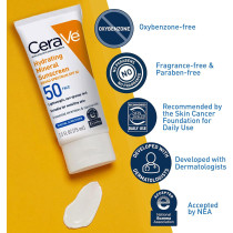 CeraVe 100 Percentage Mineral Sunscreen SPF 50, Face Sunscreen with Zinc Oxide & Titanium Dioxide for Sensitive Skin, 2.5 Oz, 1 Pack