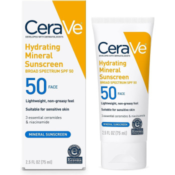 CeraVe 100 Percentage Mineral Sunscreen SPF 50, Face Sunscreen with Zinc Oxide & Titanium Dioxide for Sensitive Skin, 2.5 Oz, 1 Pack