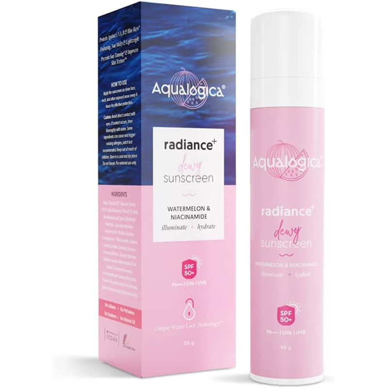 Aqualogica Radiance+ Dewy Sunscreen Cream With Watermelon & Niacinamide, SPF 50+, PA+, Protects From Uva, Uvb For Complete Sun Protection, 50 G
