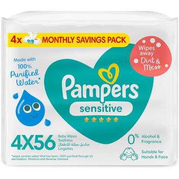 Pampers Sensitive Protect Baby Wipes with 100 Percentage Purified Water for Hands and Face, 4 Packs, 224 Count