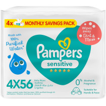 Pampers Sensitive Protect Baby Wipes with 100 Percentage Purified Water for Hands and Face, 4 Packs, 224 Count