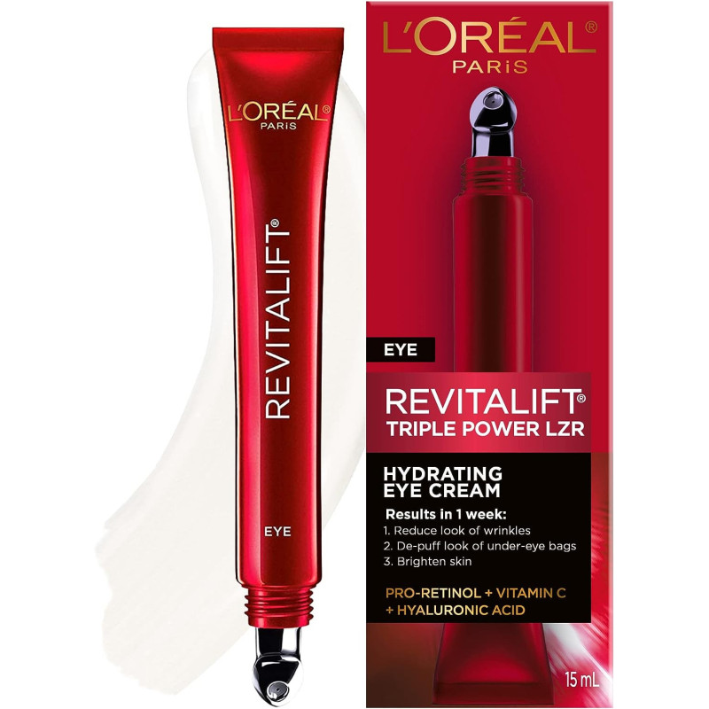 L’Oreal Paris Revitalift Triple Power Anti-Aging Eye Cream, Pro Retinol, Hyaluronic Acid & Vitamin C, Reduce Wrinkles & Puffiness, 0.5 Fl Oz