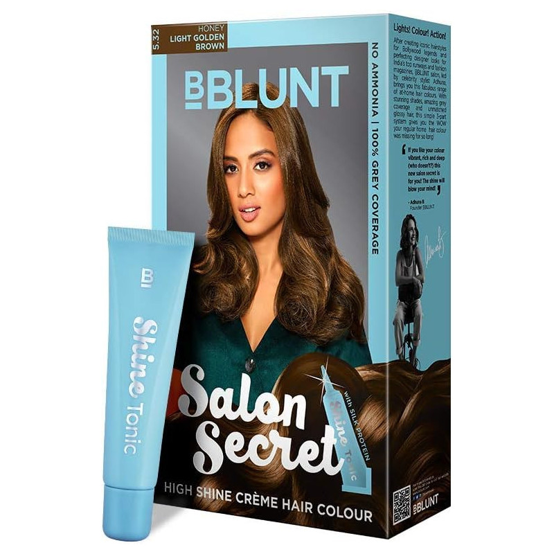 BBlunt Secret High Shine Creme Hair Colour, Honey Light Golden Brown 5.32, 100 G With Shine Tonic, 8 ML