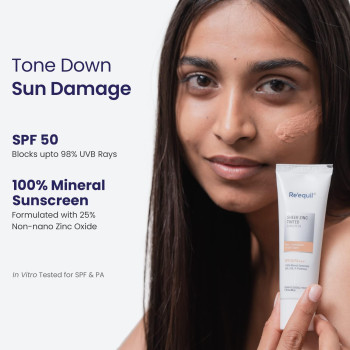 RE' EQUIL Sheer Zinc Tinted Sunscreen SPF 50 PA+++ - 100 Percentage Mineral Sunscreen Cream, 50 G