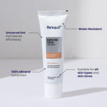 RE' EQUIL Sheer Zinc Tinted Sunscreen SPF 50 PA+++ - 100 Percentage Mineral Sunscreen Cream, 50 G