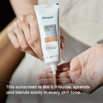 RE' EQUIL Sheer Zinc Tinted Sunscreen SPF 50 PA+++ - 100 Percentage Mineral Sunscreen Cream, 50 G