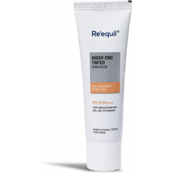 RE' EQUIL Sheer Zinc Tinted Sunscreen SPF 50 PA+++ - 100 Percentage Mineral Sunscreen Cream, 50 G