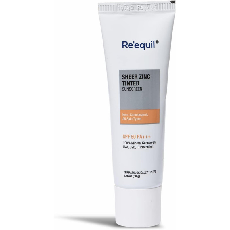 RE' EQUIL Sheer Zinc Tinted Sunscreen SPF 50 PA+++ - 100 Percentage Mineral Sunscreen Cream, 50 G