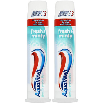 Aquafresh Fresh & Minty Whitening Pump Action 3 in 1 Formula Toothpaste, 100 ML, 3.38 Fl Oz (Pack of 2)