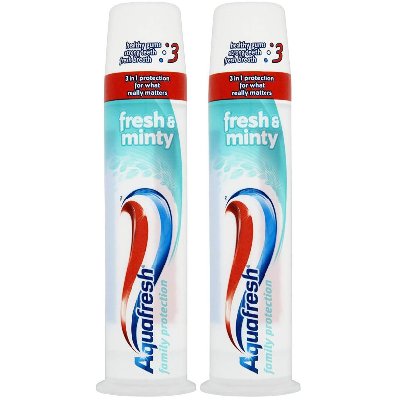 Aquafresh Fresh & Minty Whitening Pump Action 3 in 1 Formula Toothpaste, 100 ML, 3.38 Fl Oz (Pack of 2)