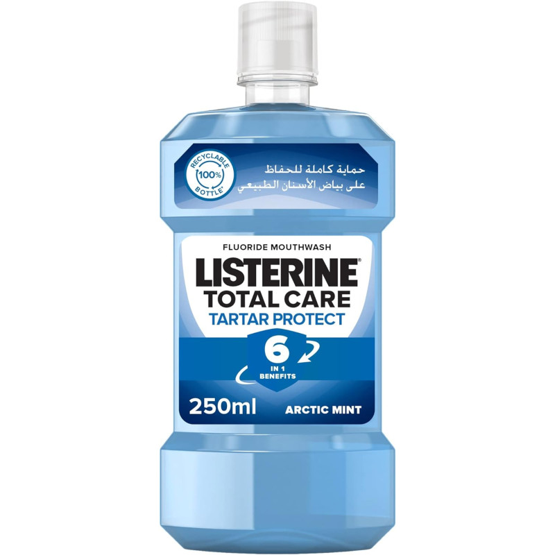 Listerine Total Care, Tartar Protect, 6 Benefit Fluoride Mouthwash For Naturally White Teeth, Arctic Mint, 250 ML