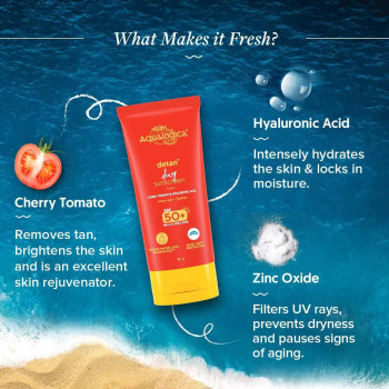 Aqualogica Detan+ Dewy Sunscreen with Cherry Tomato & Hyaluronic Acid with SPF 50 & PA++++, 80 G