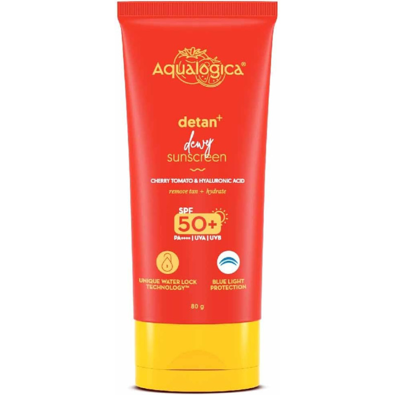 Aqualogica Detan+ Dewy Sunscreen with Cherry Tomato & Hyaluronic Acid with SPF 50 & PA++++, 80 G