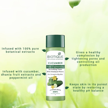 Biotique Bio Cucumber Pore Tightening Toner with Himalayan Waters for Normal to Oily skin, 120 ML (4.06 Fl Oz)