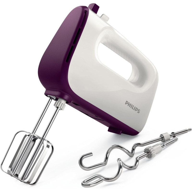 PHILIPS Viva Collection Hand Mixer 400W, White/Deep Purple, HR3740/11 - International Version