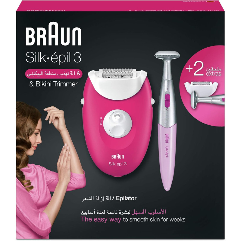 BRAUN Silk-epil 3 Epilator, Raspberry Pink with 2 Extras, SE 3420-INT VER