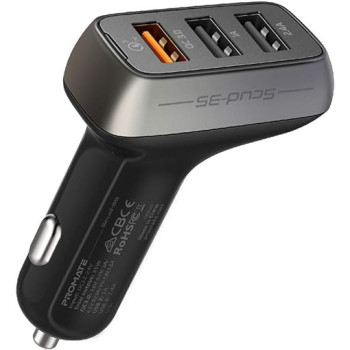 Promate 3 Port USB Car Charger, Ultra-Fast 35W 3.4A Dual USB Car Charger Adapter with Qualcomm Quick Charger 3.0 USB Port and Over-Heating Protection, Scud-C35