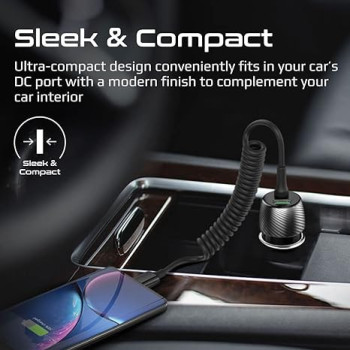 Promate USB-C Car Charger with Cable, Universal 33W Power Delivery DC Charger with Built-In Type-C Coiled Cord, for iPad Air, Galaxy S22, PowerDrive-33PDC