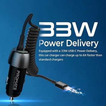 Promate USB-C Car Charger with Cable, Universal 33W Power Delivery DC Charger with Built-In Type-C Coiled Cord, for iPad Air, Galaxy S22, PowerDrive-33PDC