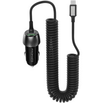 Promate USB-C Car Charger with Cable, Universal 33W Power Delivery DC Charger with Built-In Type-C Coiled Cord, for iPad Air, Galaxy S22, PowerDrive-33PDC