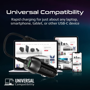 Promate USB-C Car Charger with Cable, Universal 33W Power Delivery DC Charger with Built-In Type-C Coiled Cord, for iPad Air, Galaxy S22, PowerDrive-33PDC