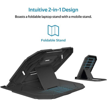Promate Laptop Stand, 2-In-1 Foldable Laptop and Smartphone Riser Stand with 360 Degree Rotatable Base, Multi-Angle Adjustable Height and Anti-Slip Grip