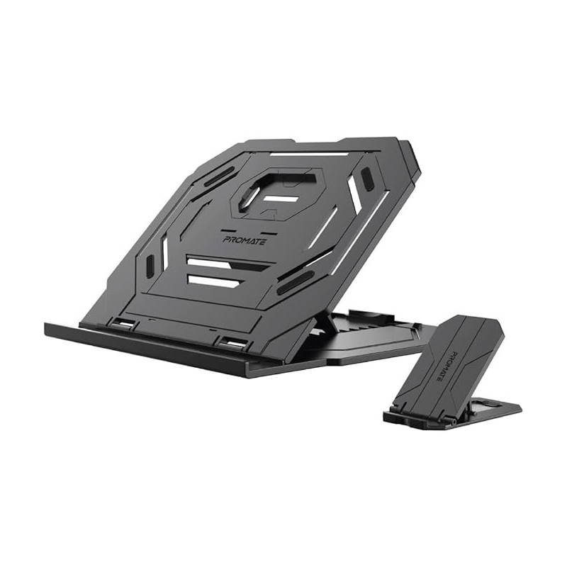 Promate Laptop Stand, 2-In-1 Foldable Laptop and Smartphone Riser Stand with 360 Degree Rotatable Base, Multi-Angle Adjustable Height and Anti-Slip Grip