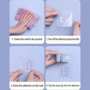 Wall Mounted Mop Holder Self Adhesive,Broom Clips Broom Holder Mop Shelf Mop Hook Waterproof Suitable For Hanging Mops,Brooms,Clothes Poles 3Pcs (Multicolor)