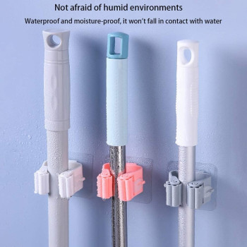 Wall Mounted Mop Holder Self Adhesive,Broom Clips Broom Holder Mop Shelf Mop Hook Waterproof Suitable For Hanging Mops,Brooms,Clothes Poles 3Pcs (Multicolor)