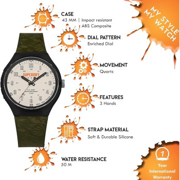 Superdry Urban Xl Tropical Ca Analogue Matte Grey Dial Khaki Green Silicon Watch For Men - SYG225N