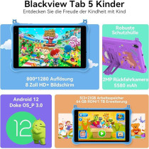 Blackview Tab5 Kids Tablet, Android 12 Tablet For Kids, 5Gb+ 64Gb/ 1Tb With Parental Control Mode, Bluetooth, Google Play, Wifi, Kid-Proof Case, 8 Inch Blue