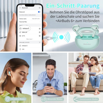 Blackview Wireless Earbuds Airbuds6,Bluetooth Headphones in-Ear,Bluetooth 5.3,Long Playtime,Touch Control,IPX7 Waterproof Sport Wireless Headphones-Green