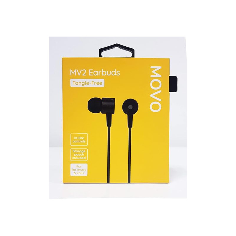 MOVO MV2 Earbuds, Tangle-Free, In-line Control Earphones with Microphone and storage pouch included