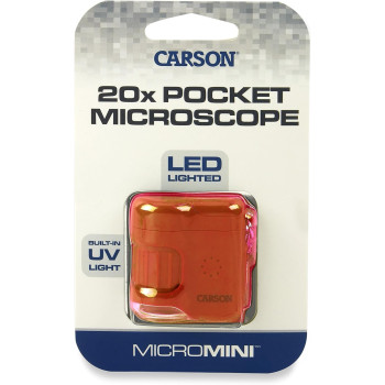 Carson MicroMini 20x LED Lighted Pocket Microscope with Built-In UV and LED Flashlight - Orange, Medium