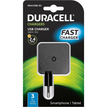 Duracell 2.4A USB-Ladegerät Netzladegerät kompatibel mit Smartphones, MP3-Playern, Tablets uvm. 2-Pin Netzstecker - Schwarz