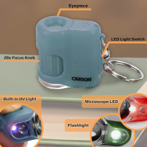 Carson MicroMini 20x LED Lighted Pocket Microscope with Built-In UV and LED Flashlight - Blue