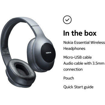 Nokia E1200 Essential Wireless Headphones, On-Ear Headphones with Foldable Headband, Bluetooth 5.0 Compatible, 40Hrs Wireless Playtime, Black