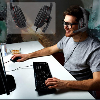 OVLENG Q7 USB Gaming Headset Over-Ear Gaming Headphones with Mic E-sports Headphones Adjustable Headband Wired Game Headset PU Leather Ear Cover for PC Computer