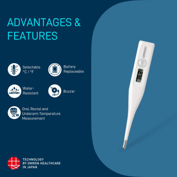 Omron MC 246 Digital Thermometer With Quick Measurement of Oral And Underarm Temperature in Celsius And Fahrenheit, Water Resistant for Easy Cleaning
