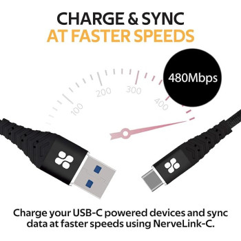 Promate Type-C Charging Cable, Premium 1.2 Meter USB-C to USB-A 3A Fast Sync and Charge Cable with Long Bend Lifespan for Smartphones, NerveLink-C (Black)