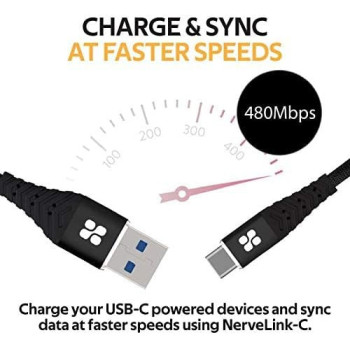 Promate Type-C Charging Cable, Premium 1.2 Meter USB-C to USB-A 3A Fast Sync and Charge Cable with Long Bend Lifespan for Smartphones, NerveLink-C (Black)