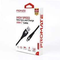 Promate Type-C Charging Cable, Premium 1.2 Meter USB-C to USB-A 3A Fast Sync and Charge Cable with Long Bend Lifespan for Smartphones, NerveLink-C (Black)