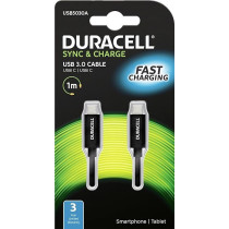Duracell USB5030A USB C Kabel auf USB C 1meter ladekabel USB3.0 mit bis zu 15W (3A) Leistung Schwarz