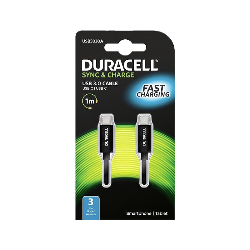 Duracell USB5030A USB C Kabel auf USB C 1meter ladekabel USB3.0 mit bis zu 15W (3A) Leistung Schwarz