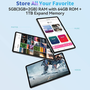 10 Inch Tablets, Blackview Tab7 WIFI Android 12 Tablet(2023), 5GB + 64GB/TF 1TB, 6580mAh Battery, 1280×800 HD+ IPS TouchScreen, Type C/5MP/Wi-Fi/Bluetooth-Grey