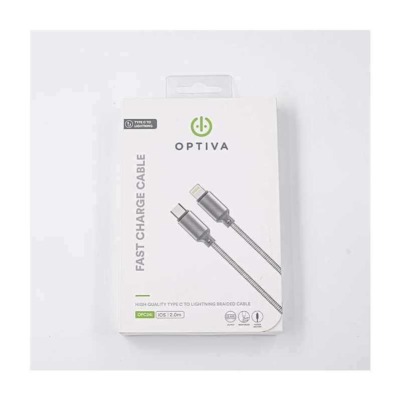 Optiva USB-C to Lightning Cable, Fast Charging [2.4A] [Sync & Charge] Long Lasting, And Reinforced - For All iOS Devices Nylon Braided 2M Gray, OPC24i