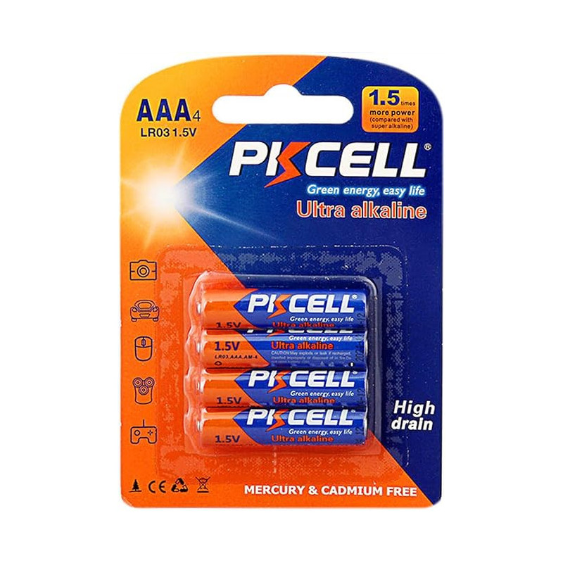 4 Piece AAA 1.5v Ultra Alkaline High Drain Heavy Duty LR03 Batteries 10 Years Shelf Life by PKCELL