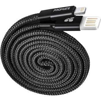 Promate Auto-Rolling Lightning Cable, Durable Aluminium Alloy Auto-Rolling Reversible USB-A to Lighting Cable with 2A Fast Charge, Coiline-i (Black)