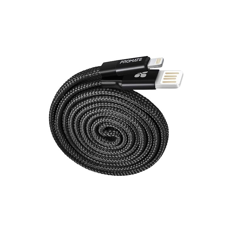 Promate Auto-Rolling Lightning Cable, Durable Aluminium Alloy Auto-Rolling Reversible USB-A to Lighting Cable with 2A Fast Charge, Coiline-i (Black)
